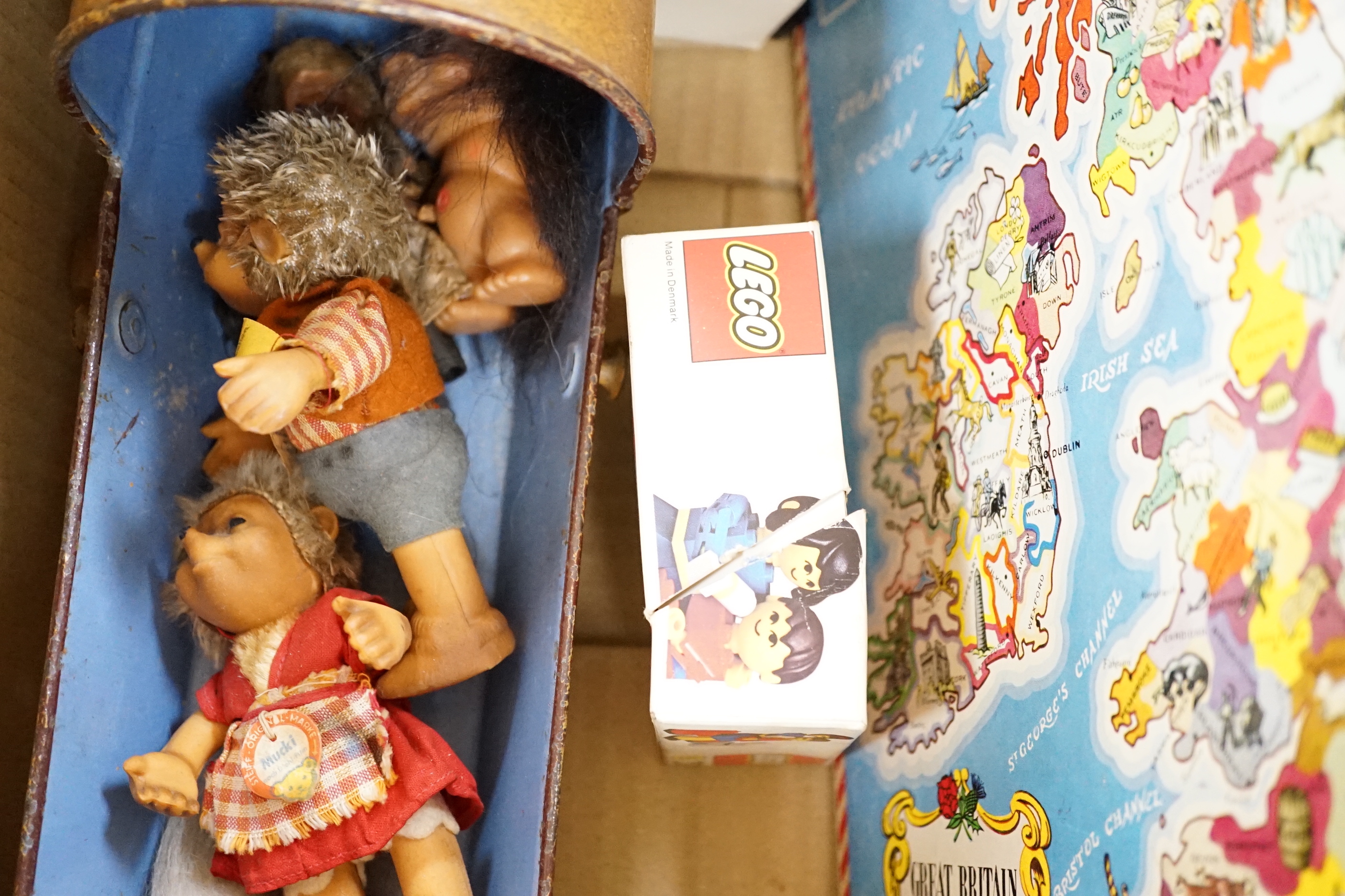 Five boxed 1970s Lego sets, a boxed, Bagatelle board, two Mucki hedgehog dolls, two small trolls, jigsaws, etc.